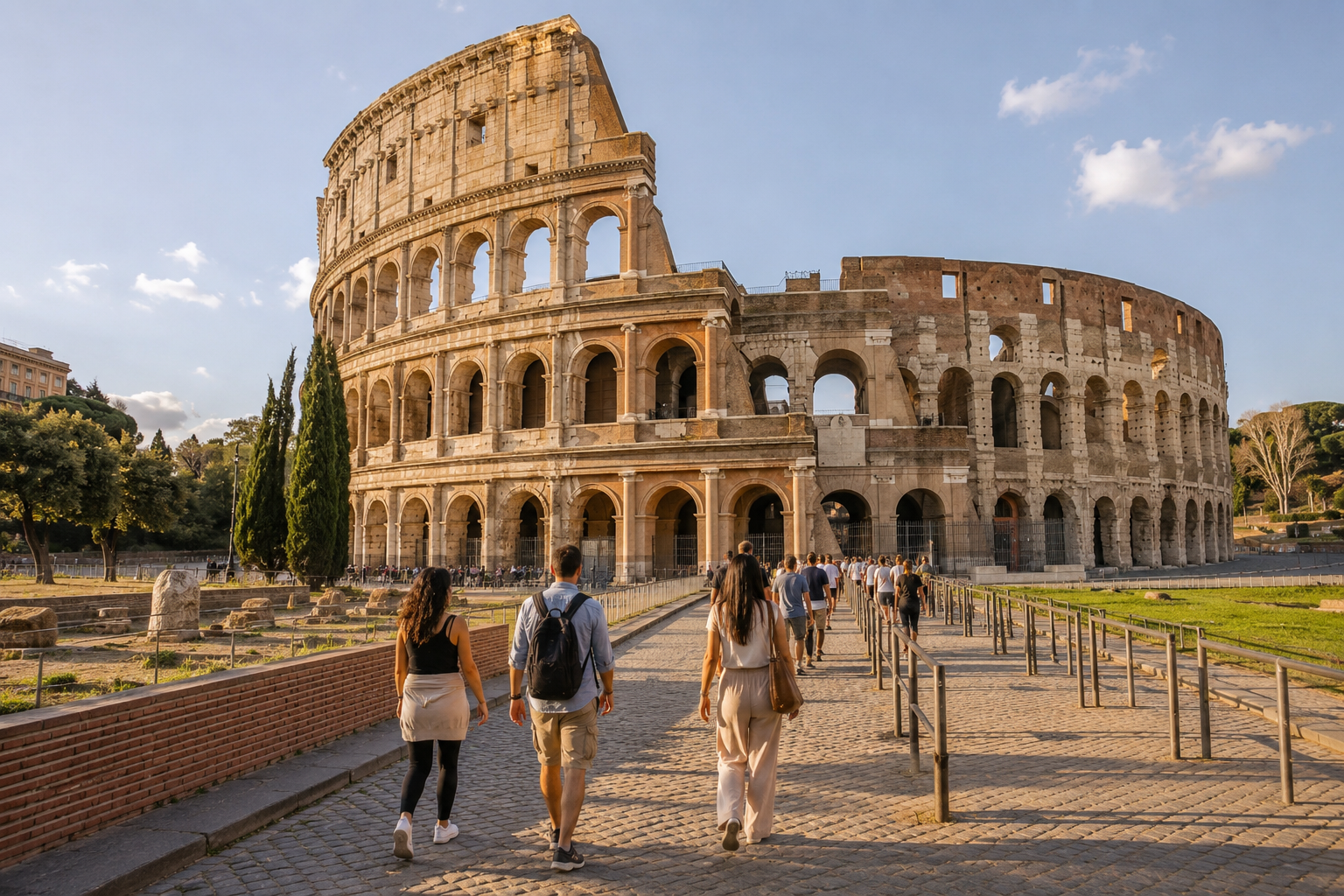 Travelers approaching the Colosseum during a warm afternoon in Rome.