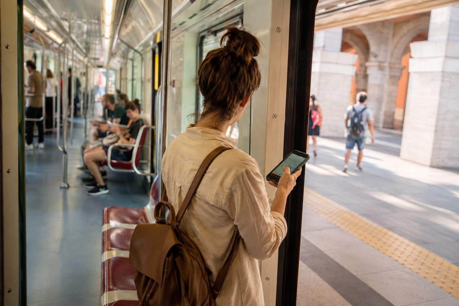 Traveler checking directions while riding the Rome Metro between major attractions