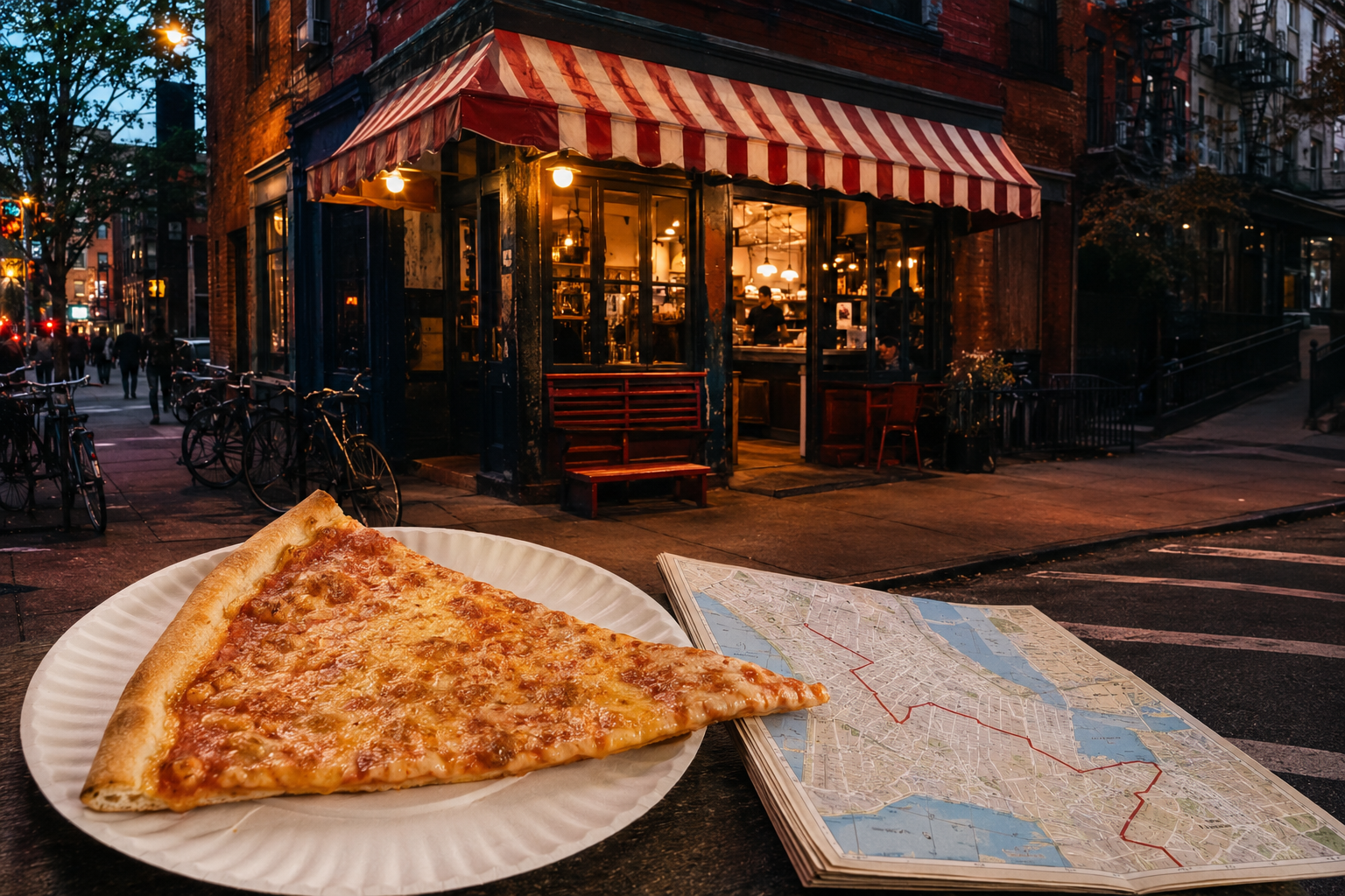 New York pizza slice and city route map in Greenwich Village